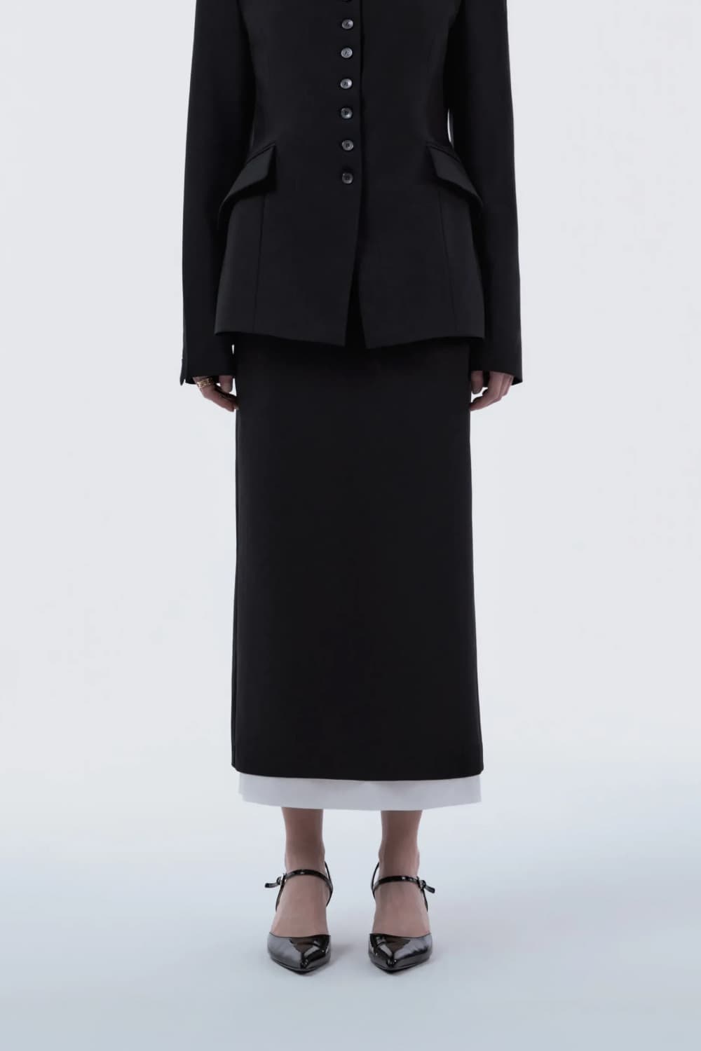 Contrast Layered Slim Line Long Skirt - Black