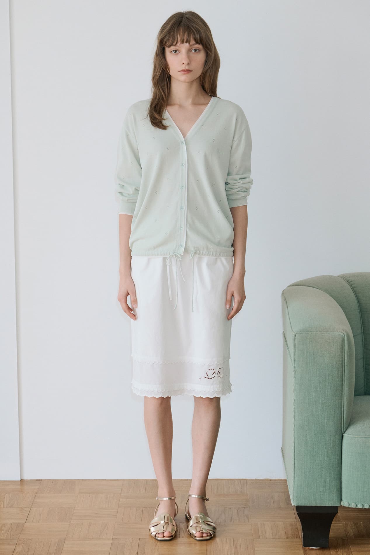 V Neck String Punching Cardigan (Light Green)