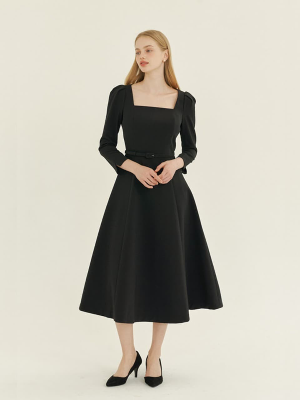 Square-neck Flare Dress(LL) / Black(5color)
