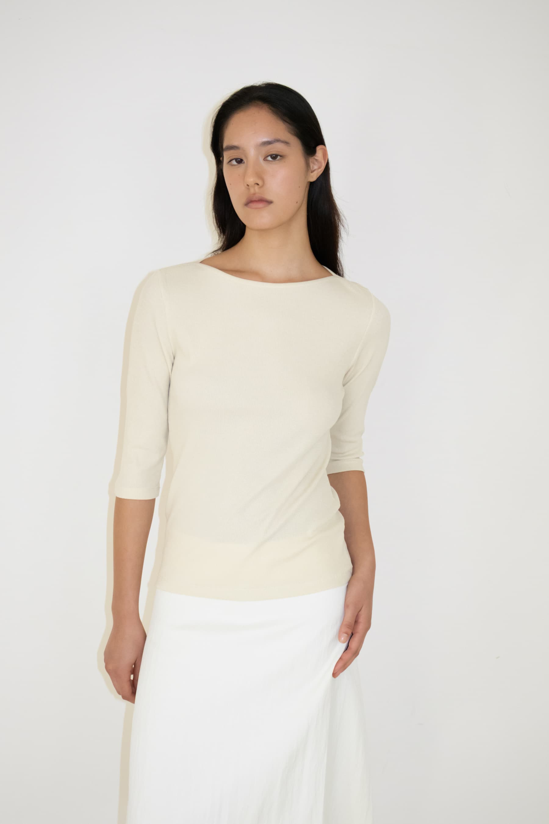 Ribbed Boat Neck Half Sleeve Top (Cream)