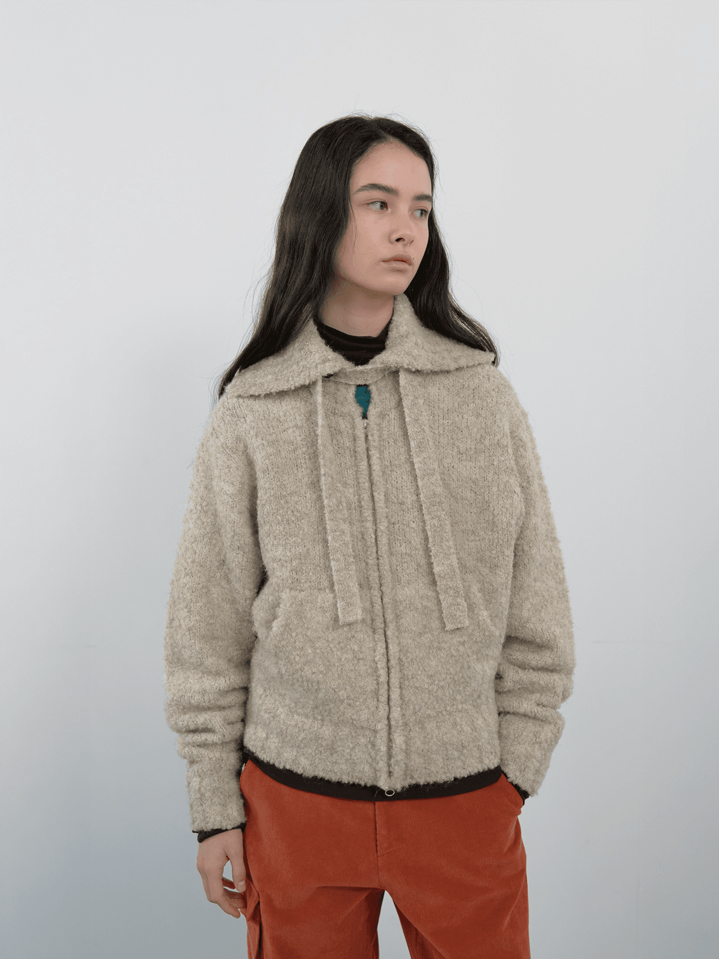 TIE SET COZY BOUCLE KNIT ZIP-UP_OATMEAL