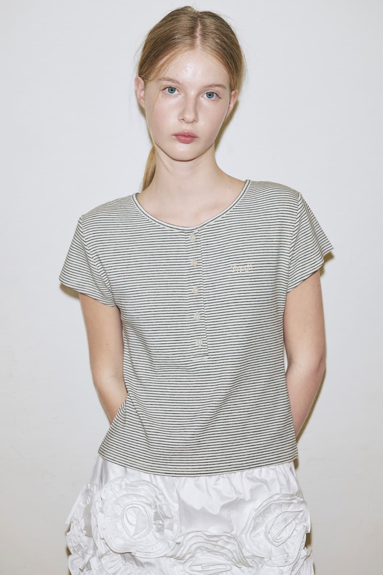 SN Henley Neck Stripe Cap Sleeved T-shirt (Ivory)