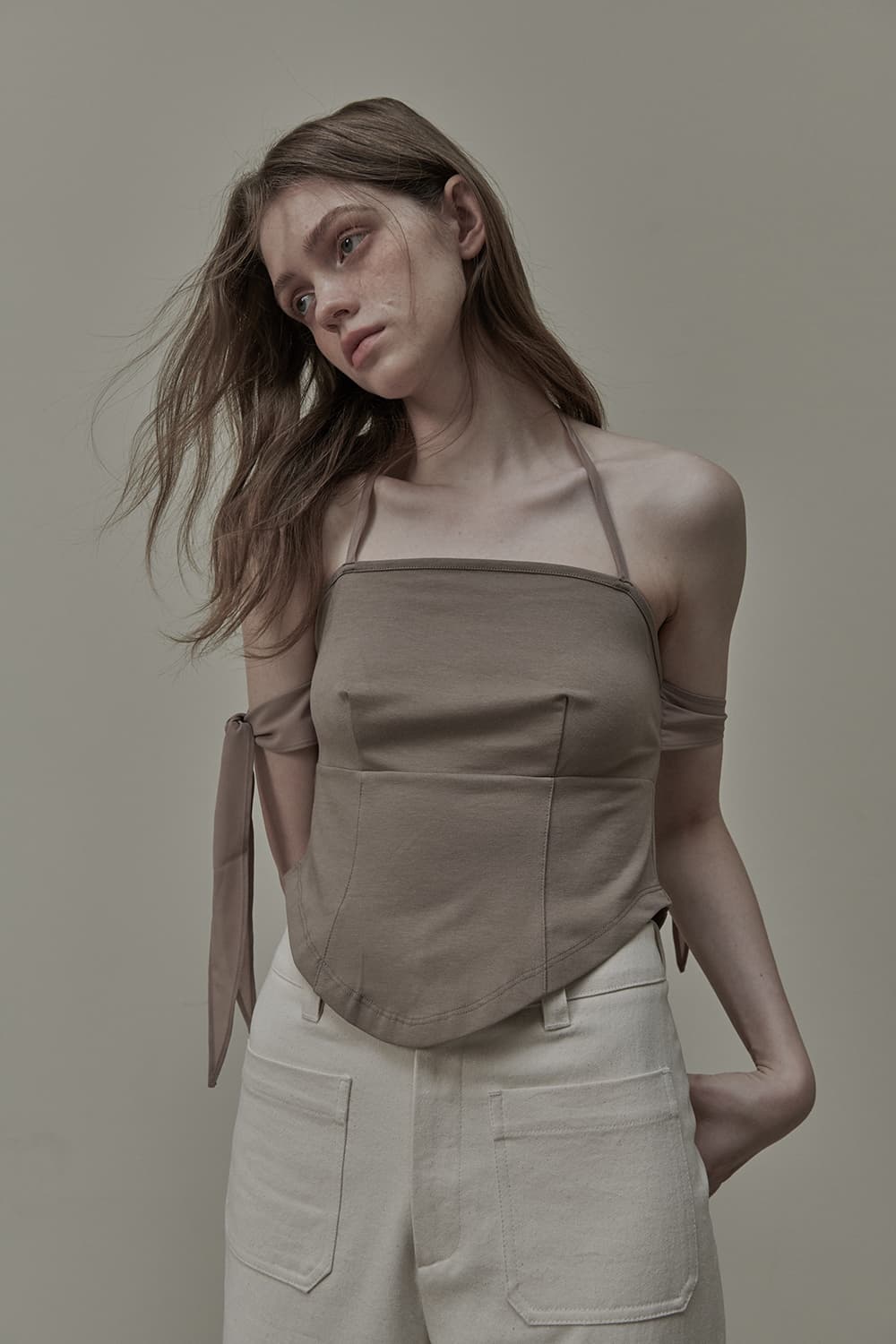 Gabrielle Sheer Ribbon Halter T-Shirt - Beige