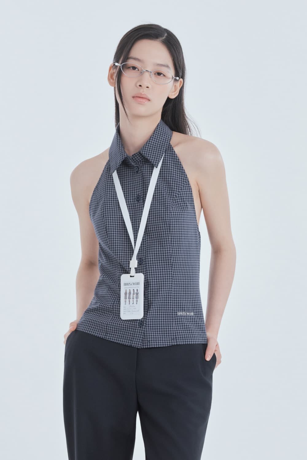 Two-Way Collar Halter Shirt - Navy Check