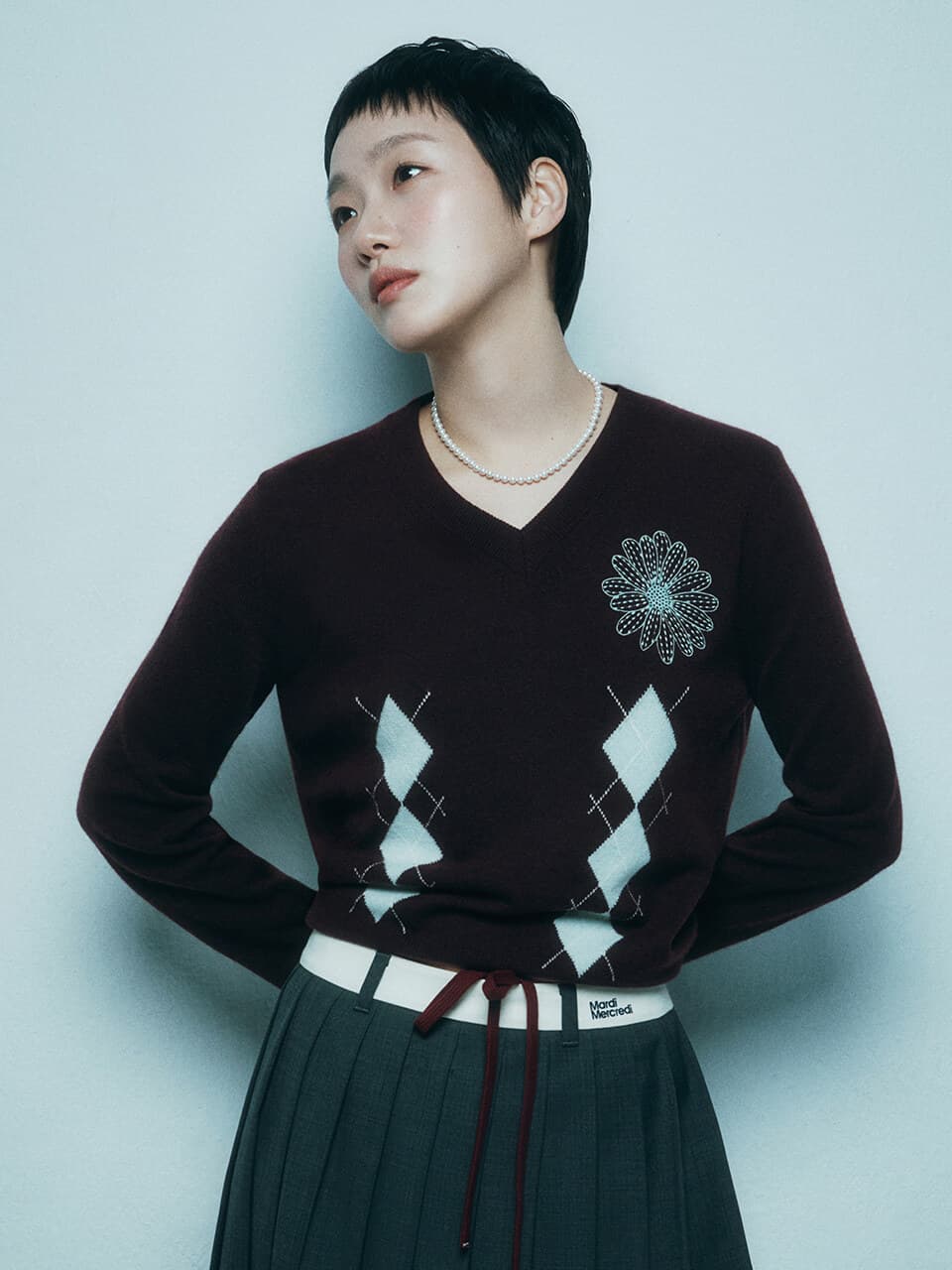 CASHMERE BLENDED V NECK ARGYLE_BURGUNDY MINT