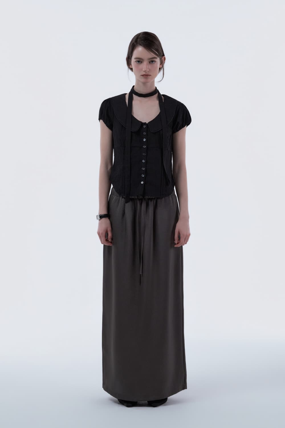 Satin Slim Line Long Skirt - Brown