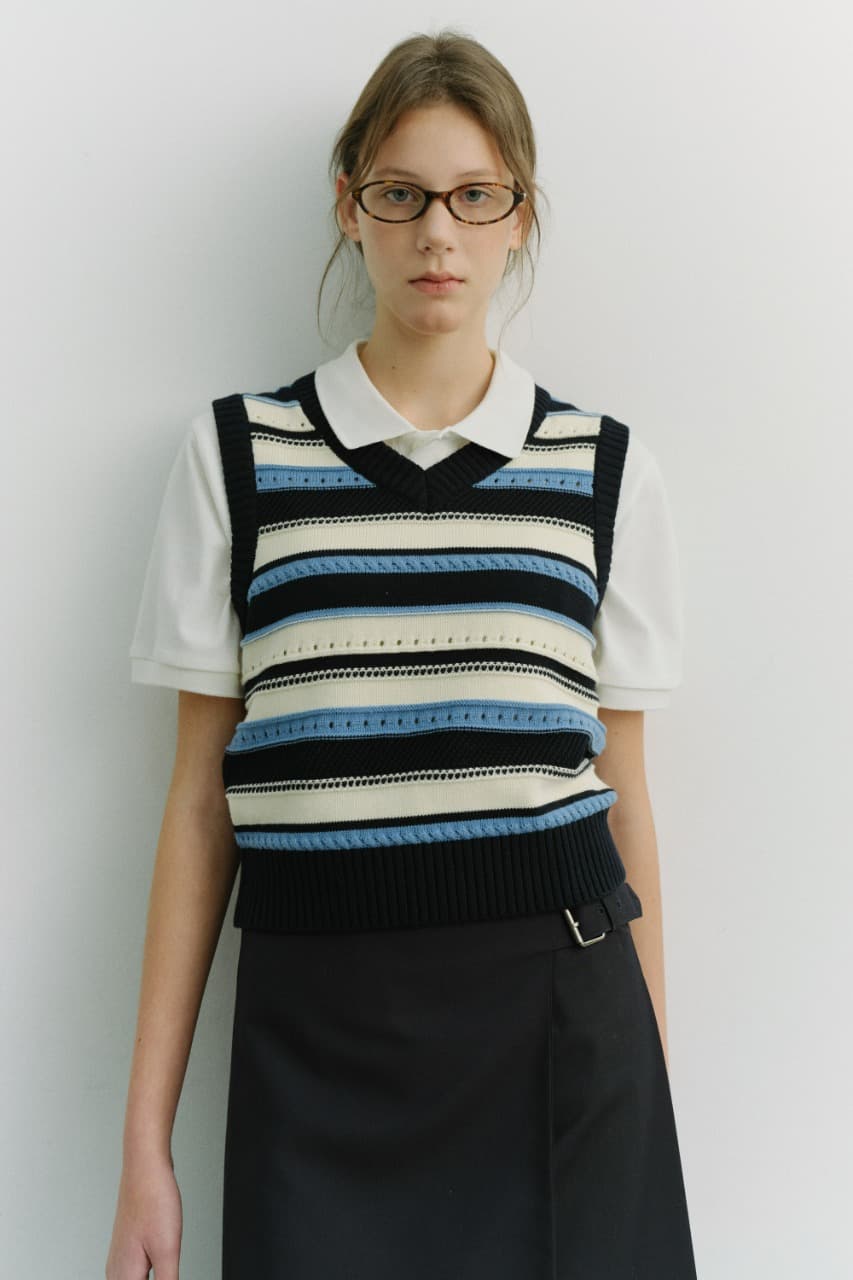 UNISEX CRAFTED STRIPED KNIT VEST NAVY CREAM_UDSW6B123N2