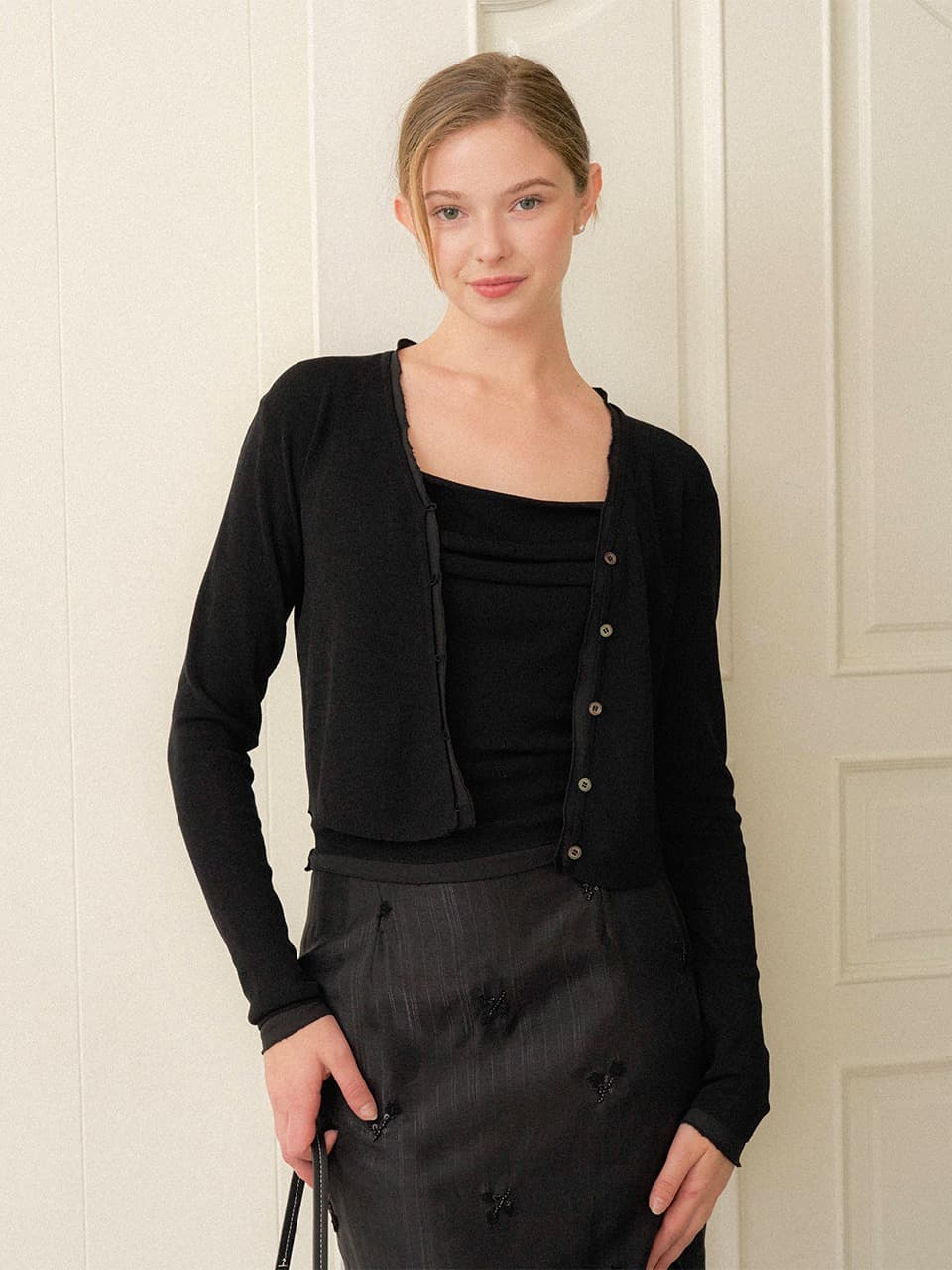Chiffon layered cardigan set/ Black(2color)