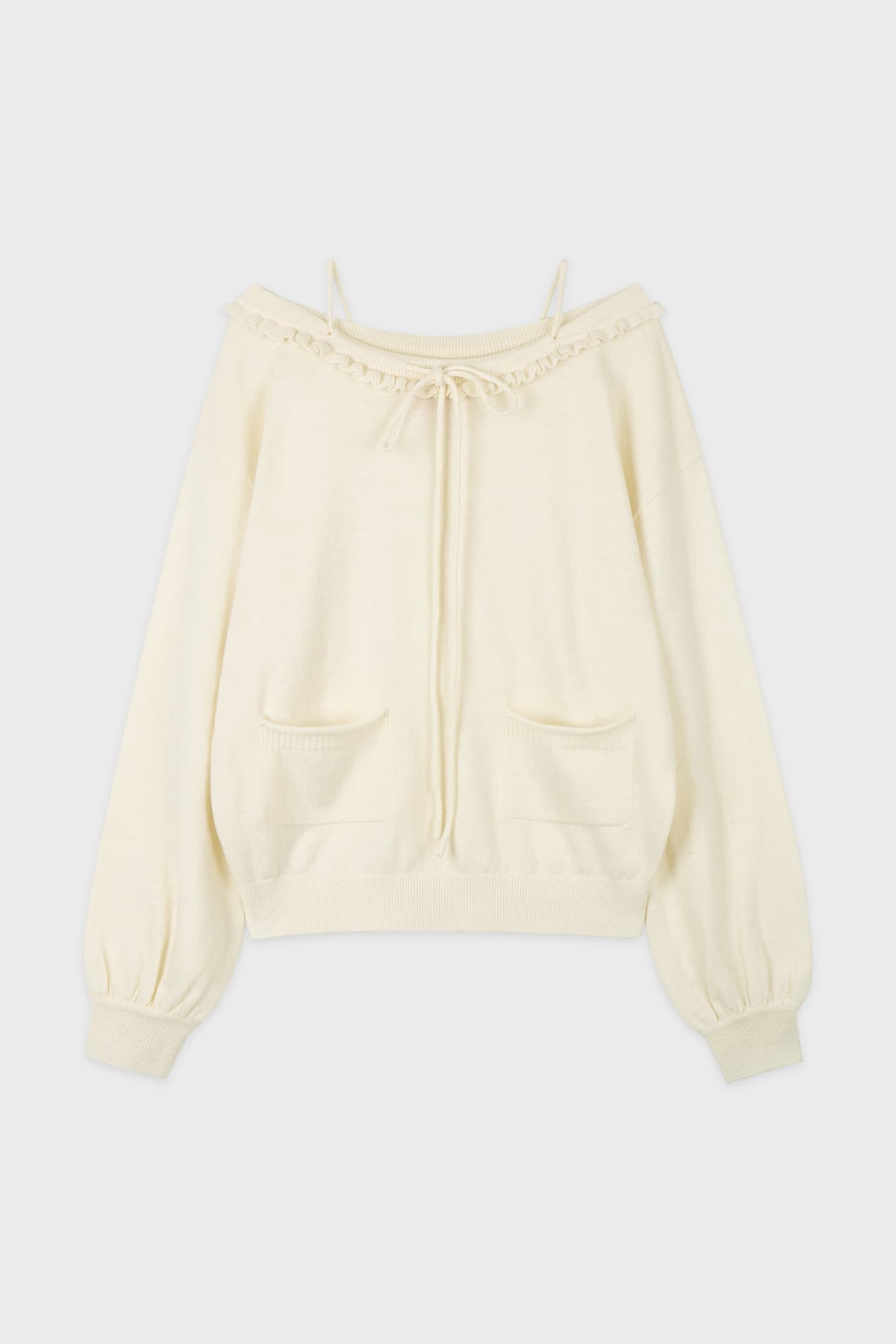 Ruffle Lace-Up Boatneck Knit (Ivory)