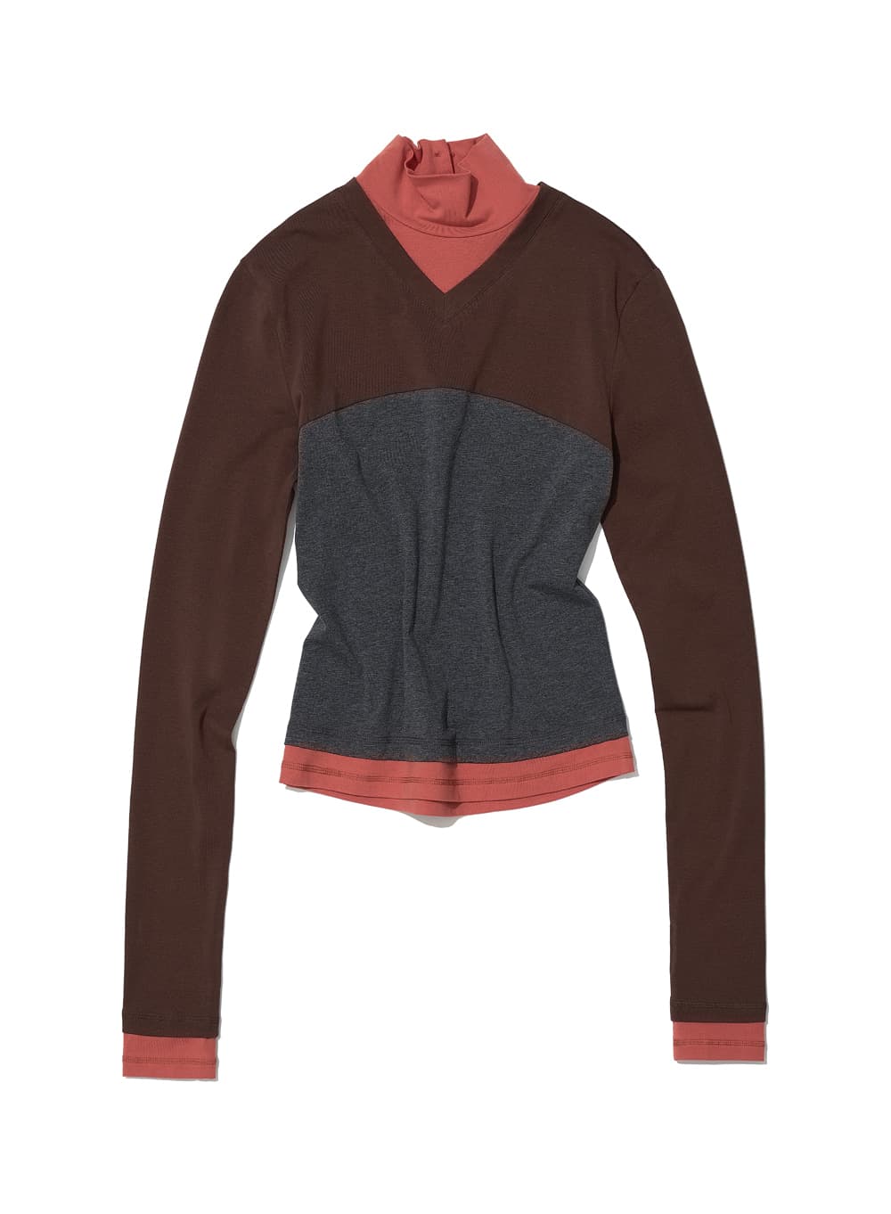 COLORBLOCK V-NECK LAYERED HIGH NECK TEE_RED