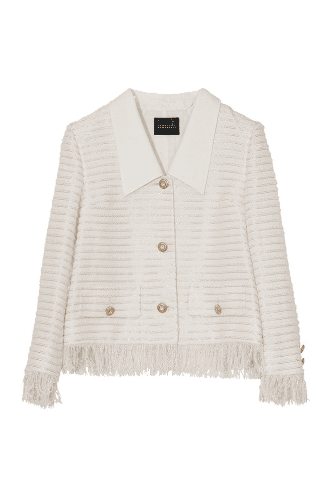 Ivory Fringe Collar Tweed Jacket (Ivory)