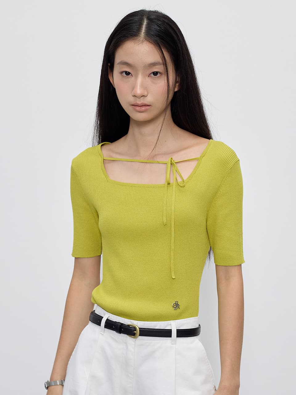 골지 스퀘어넥 5부 니트_YELLOW GREEN