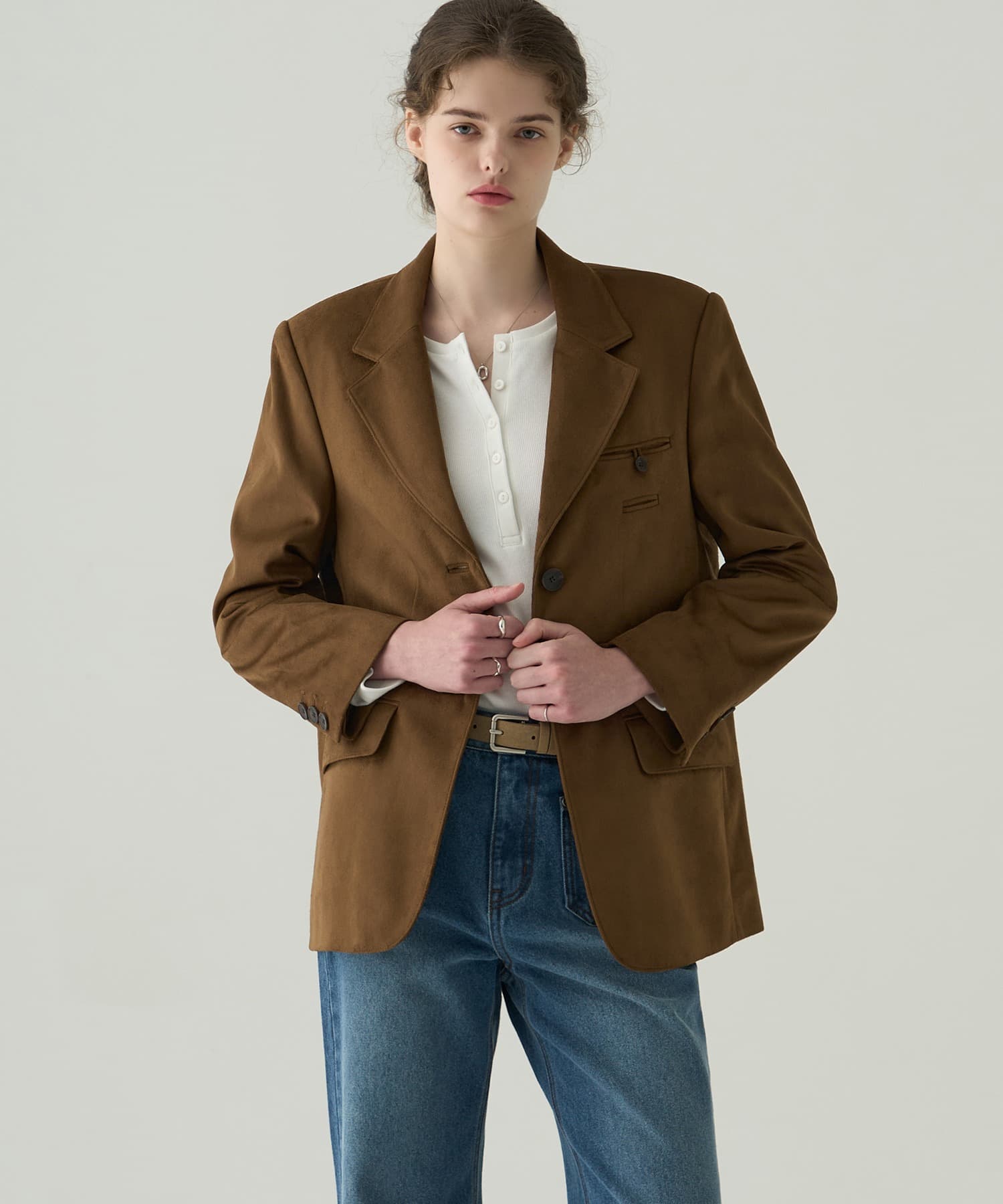 더블 웰트 스웨이드 싱글 블레이저 [BROWN]