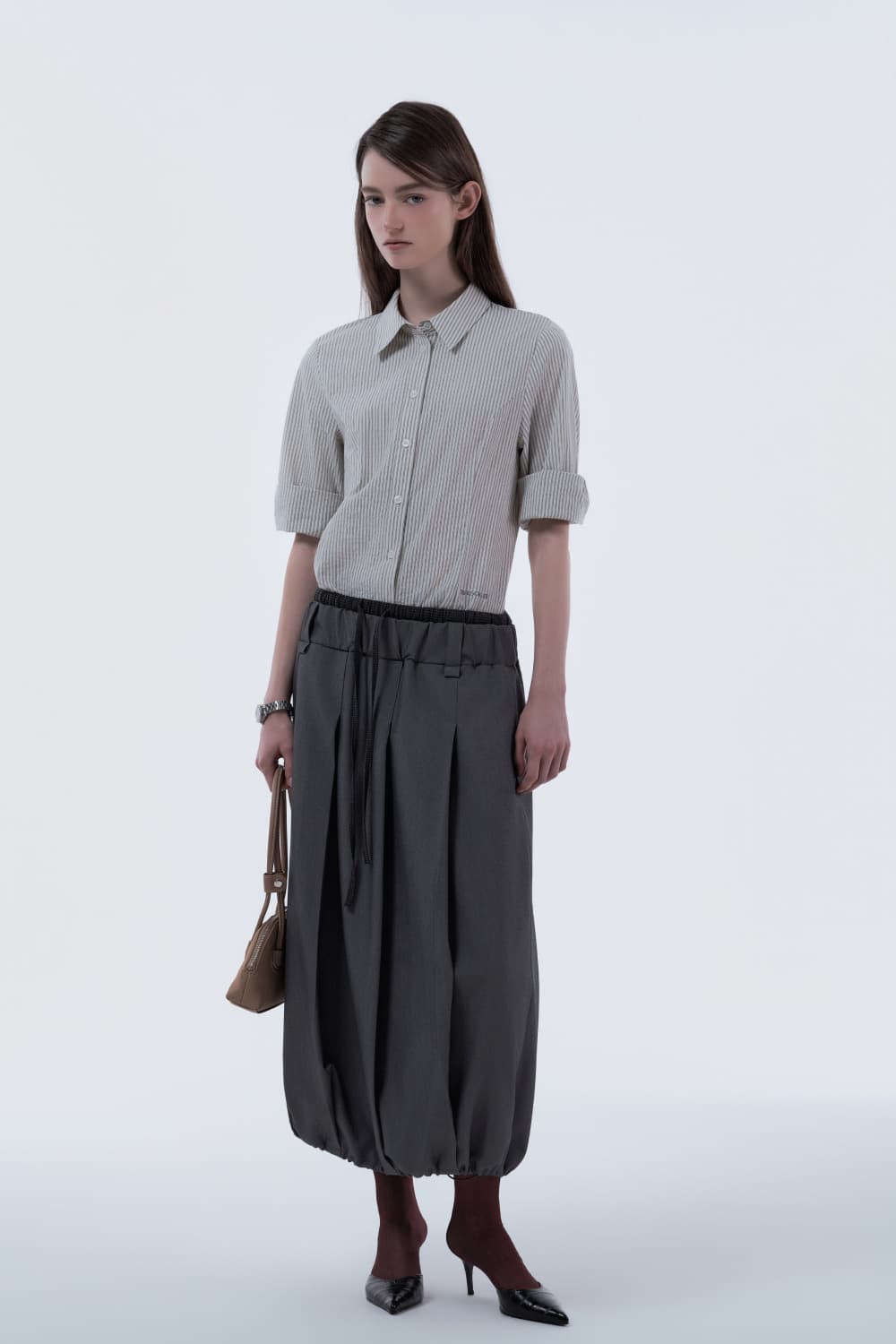 Gingham Waistband Layered Balloon Pleated Skirt - Grey
