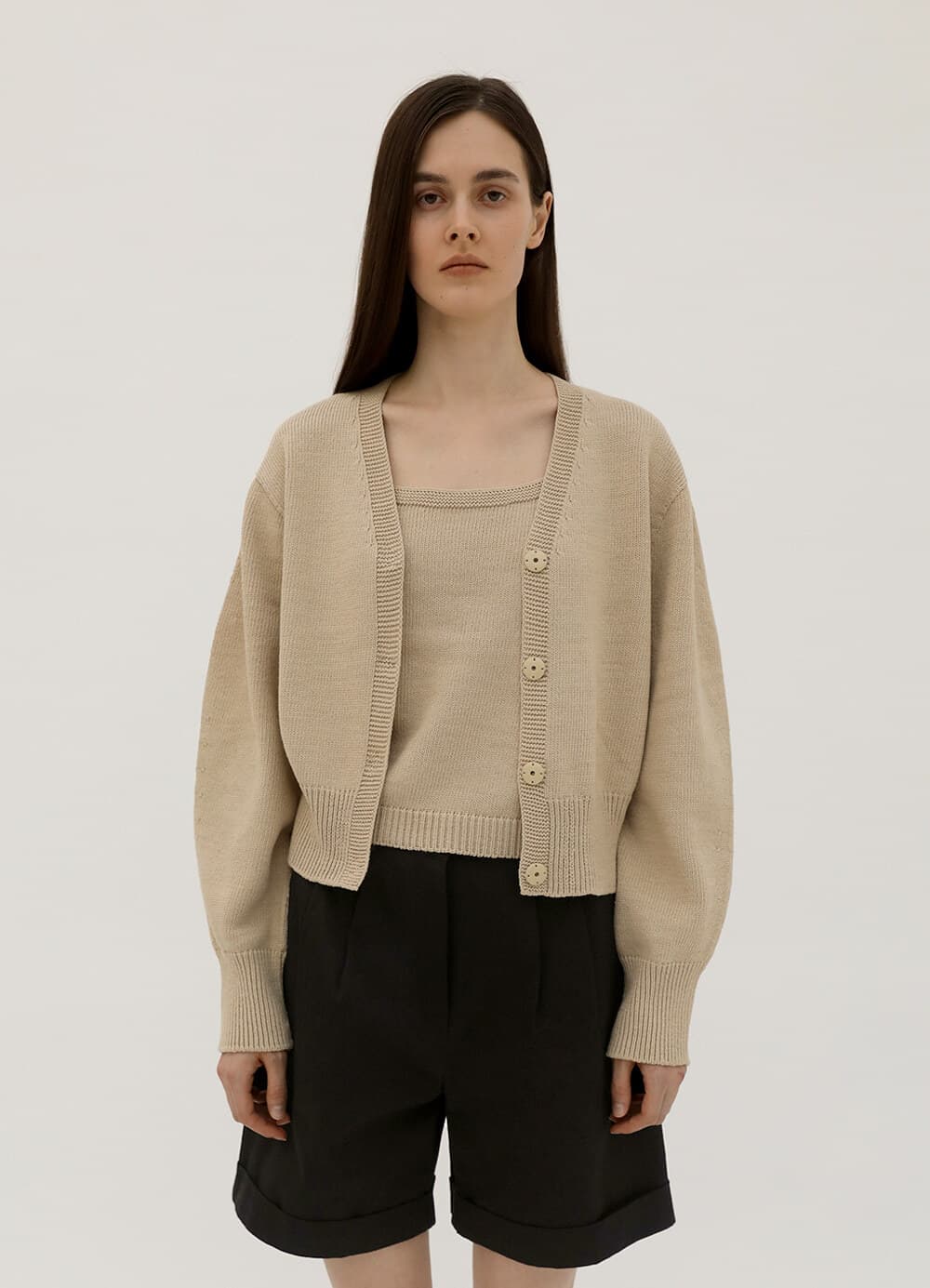 Wholegarment Hidden Button Knit Cardigan - Beige