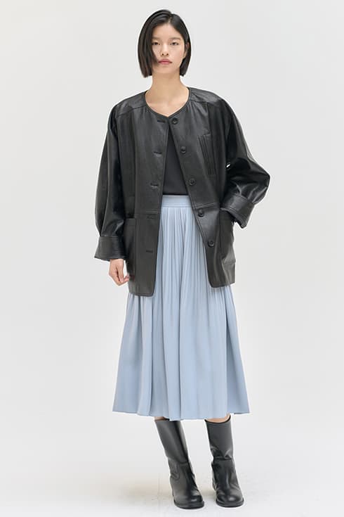 25SN collarless leather half coat [BK]