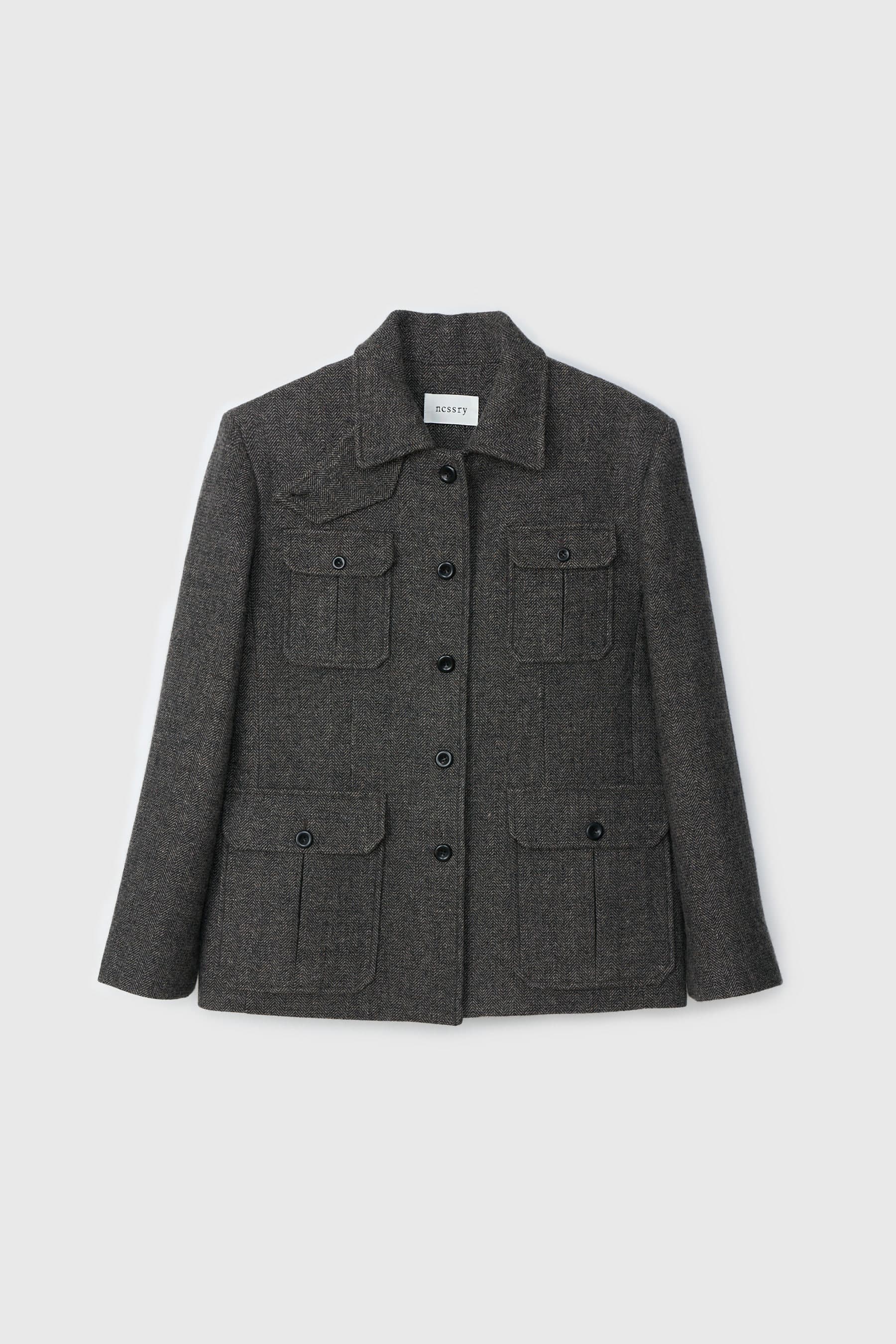 Wool Pocket Herringbone Jacket (Melange Brown)