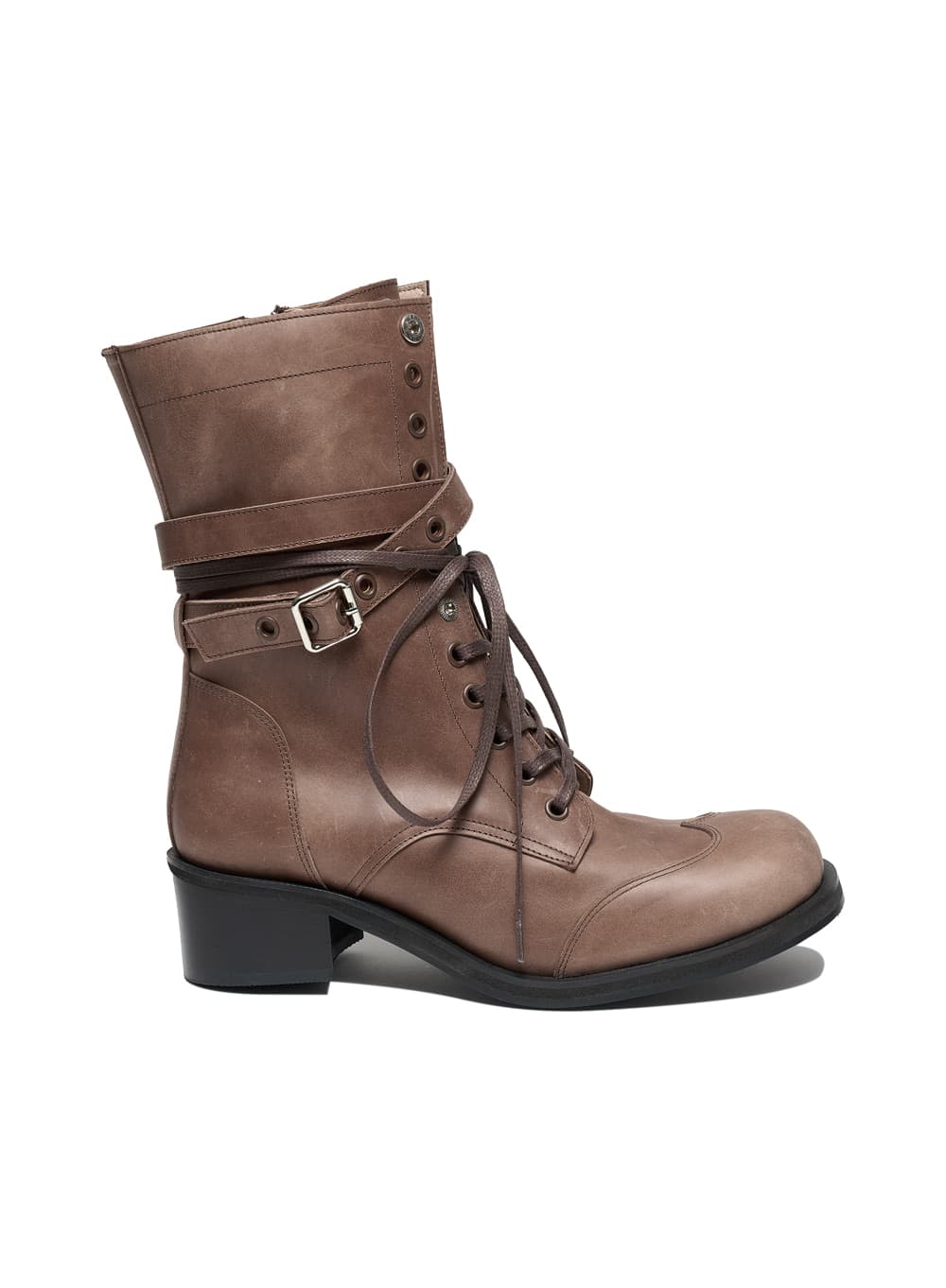 LEATHER BUCKLE STRAP LACE-UP BOOTS_BROWN