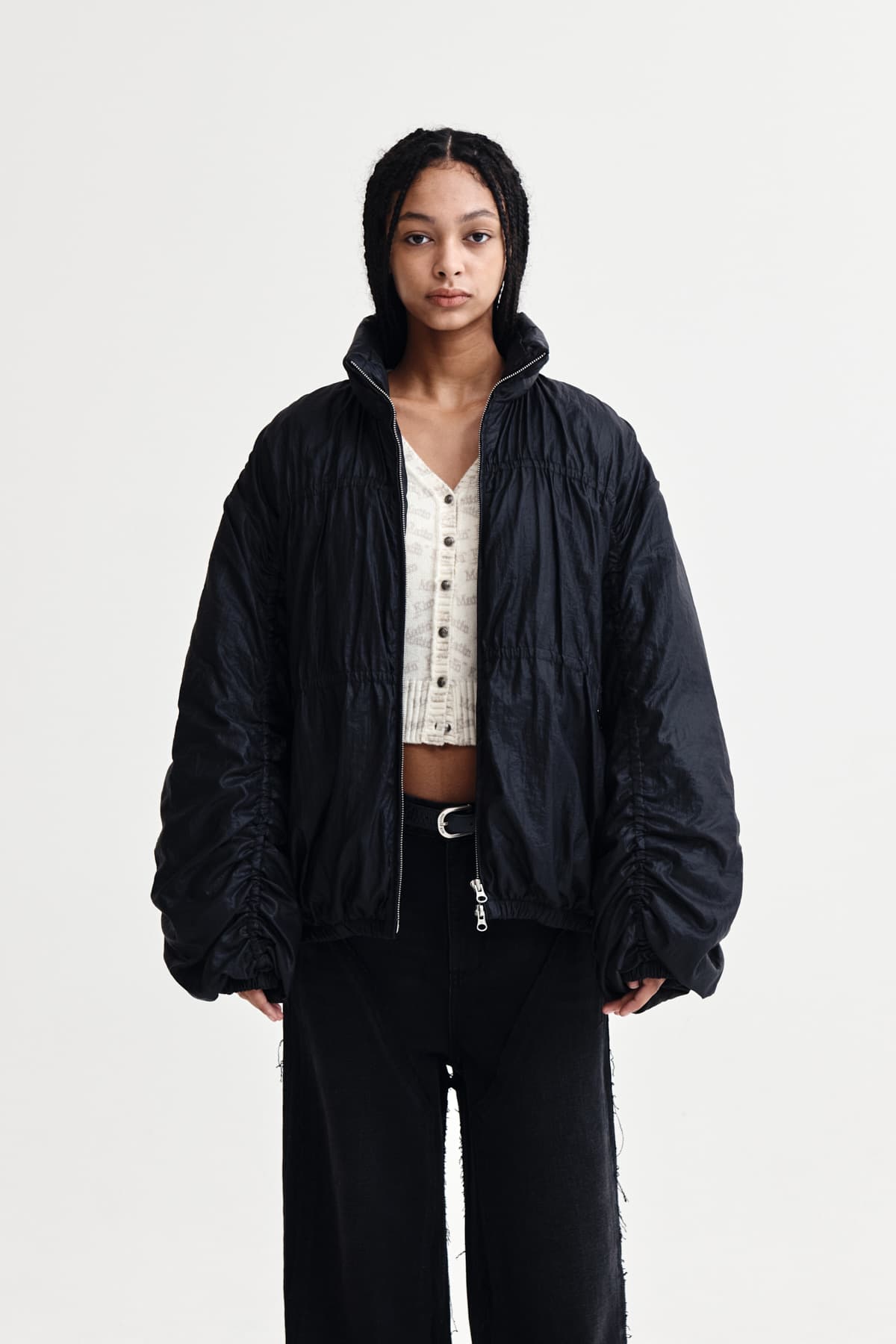 HIGH NECK SHIRRING DOWN JUMPER IN BLACK