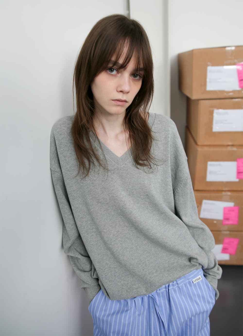 All-Day Cotton V-neck Knit - Melange Grey