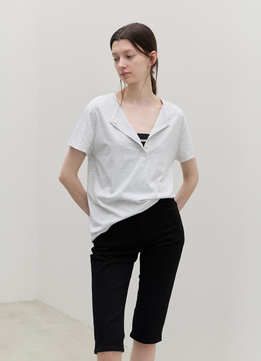Henley Neck Cotton T-shirt - Melange Grey
