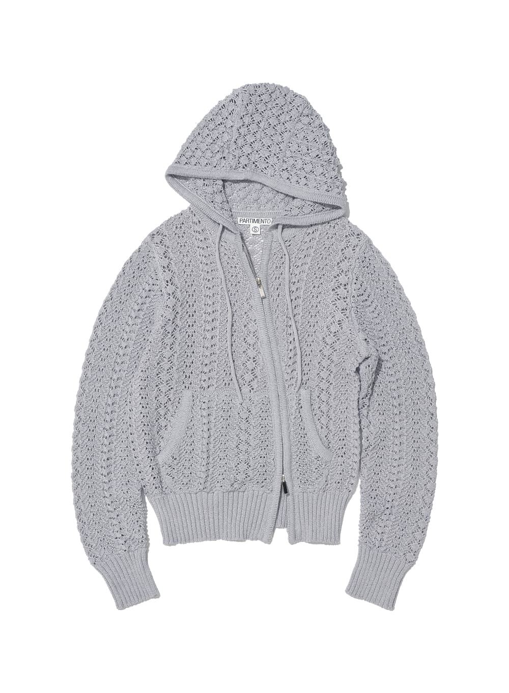 OPENWORK ASYMMETRIC ZIP-UP HOODIE KNIT_LIGHT GREY