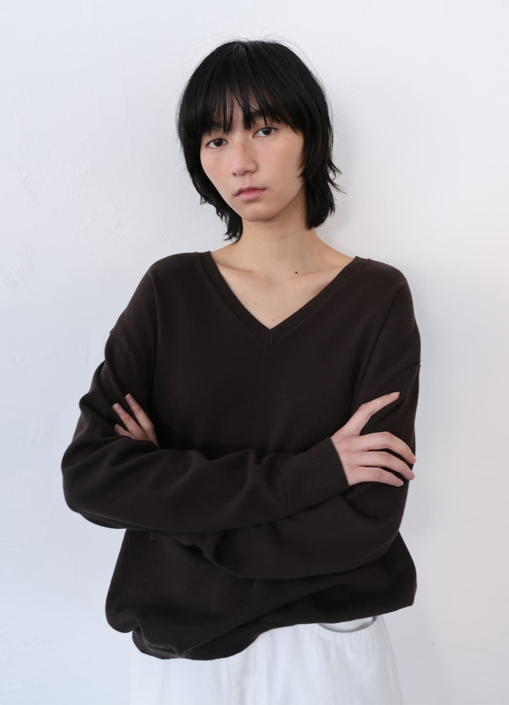 All-Day Cotton V-neck Knit - Espresso Brown