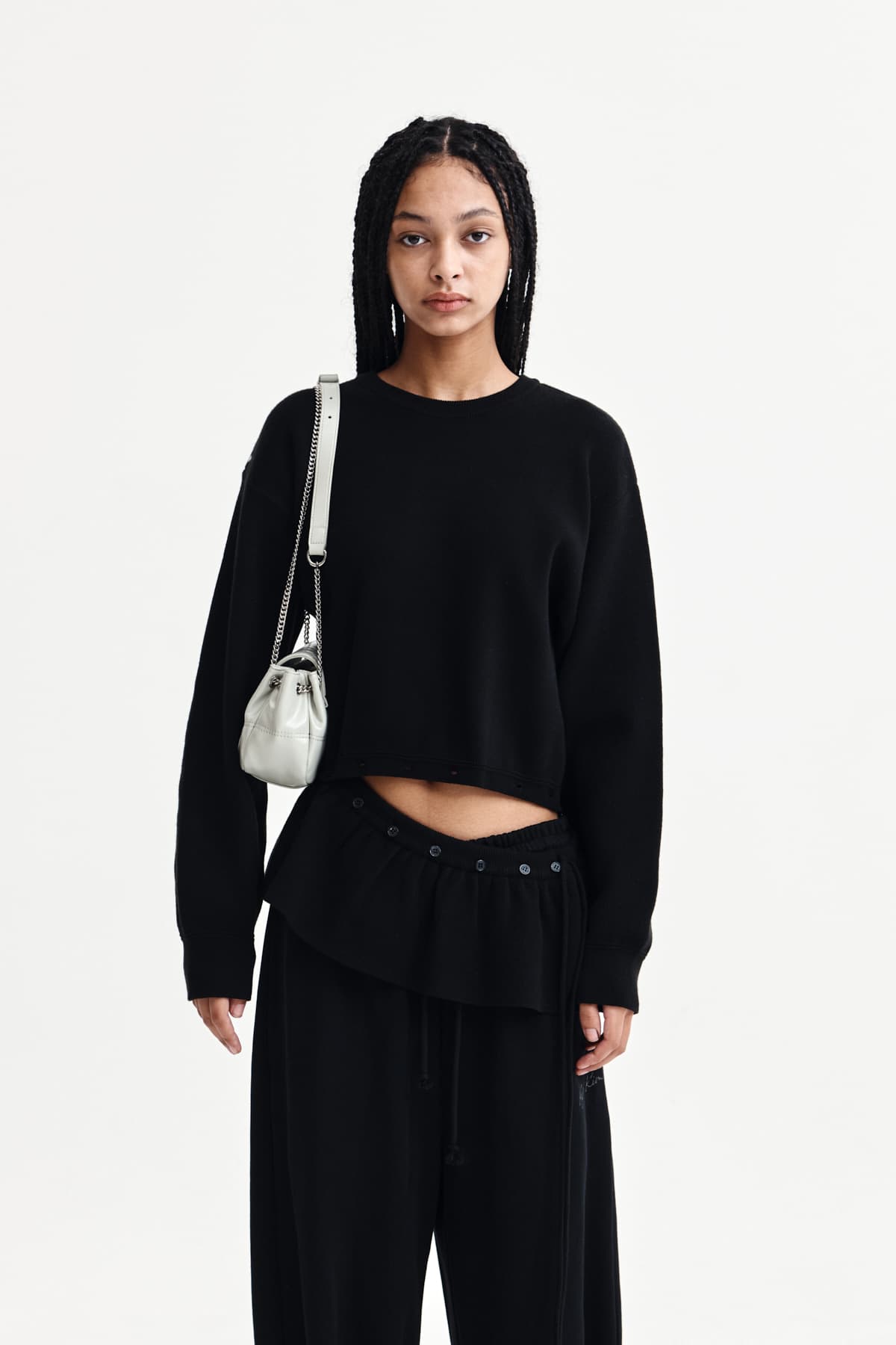 DETACHABLE SKIRT KNIT PULLOVER IN BLACK