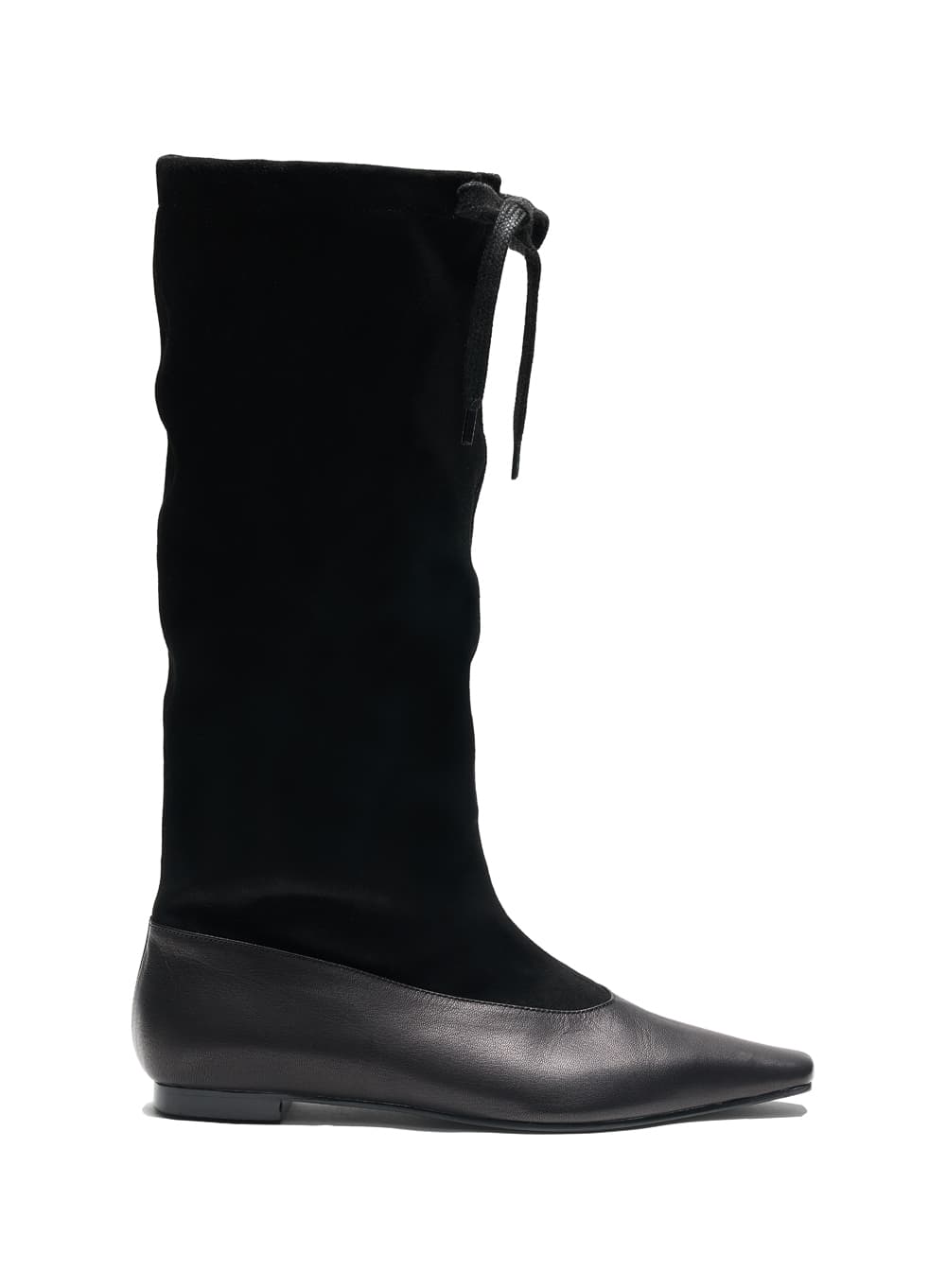 DRAWSTRING LEATHER SLOUCH TALL BOOTS_BLACK