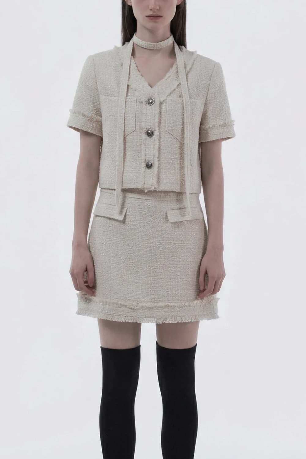 Fringed Tweed Skirt - Ivory