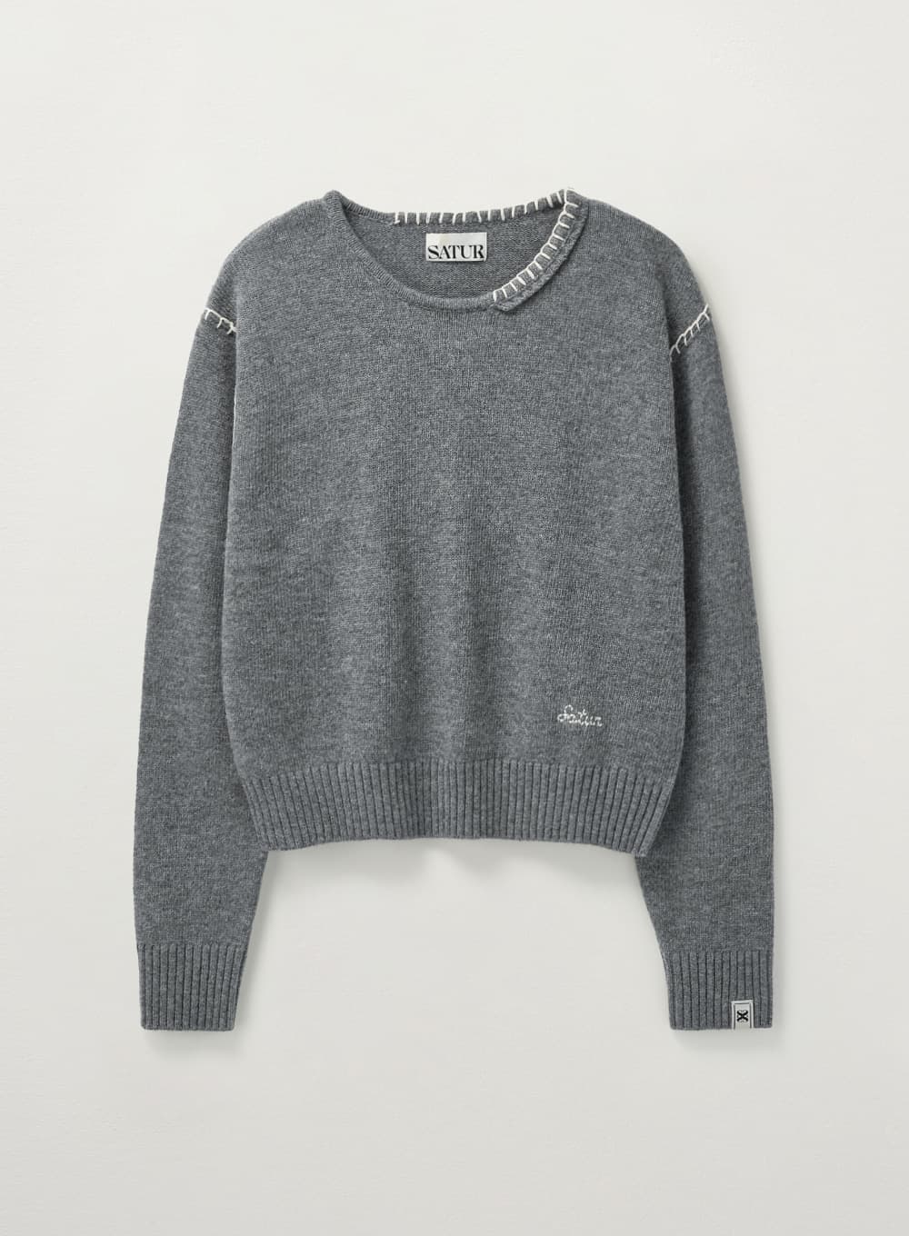 (W) Contrast Stitch Semi Crop Knit - Charcoal