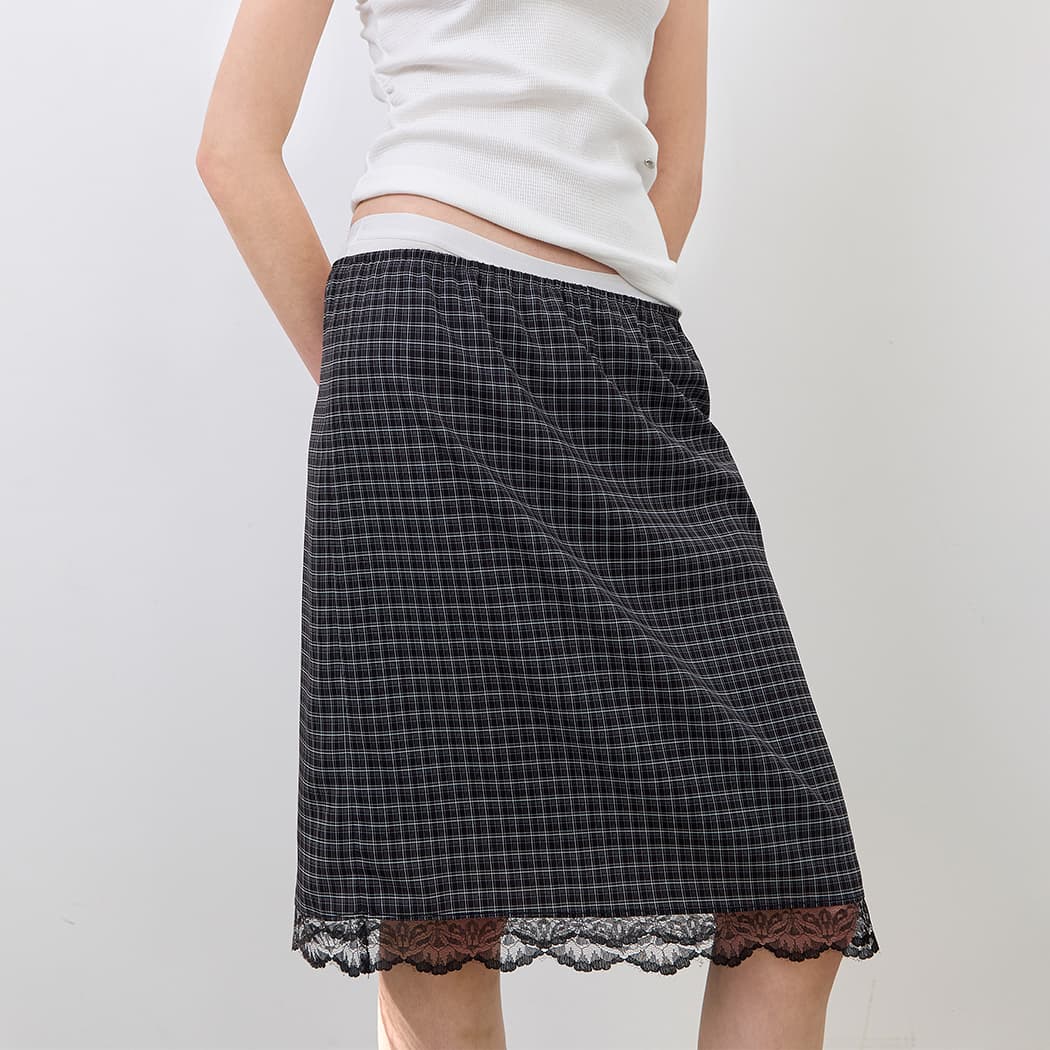 (SK-5102)CHECK LACE TAPE BANDING MIDI SKIRT