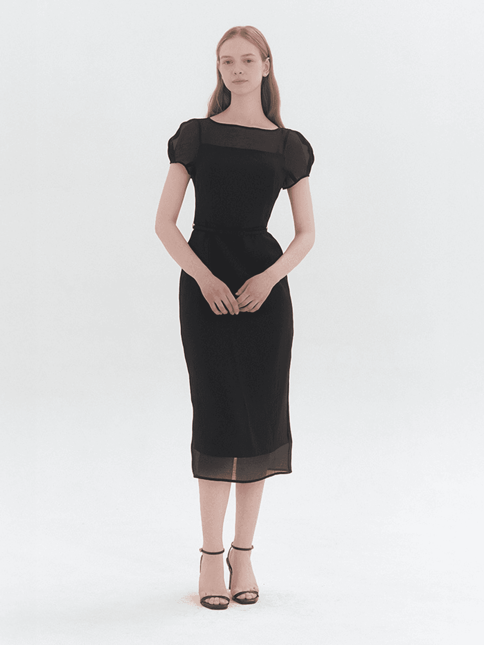 Chiffon Puff Cap-Sleeve Slim Dress / Black(2color)
