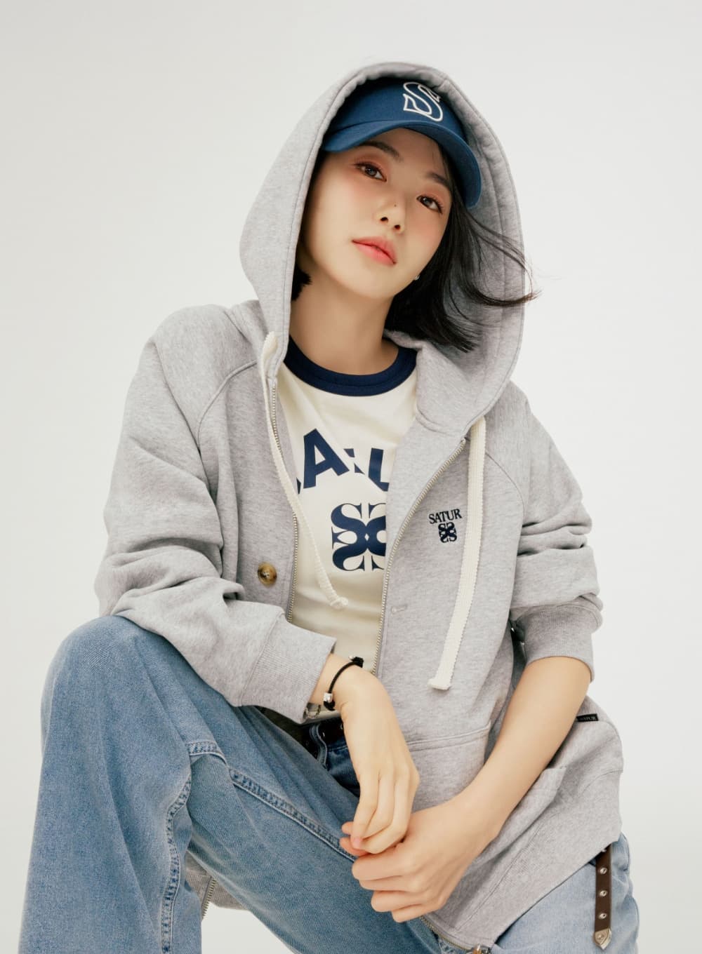 Loren Small Logo Hood Zip-up - Melange Gray