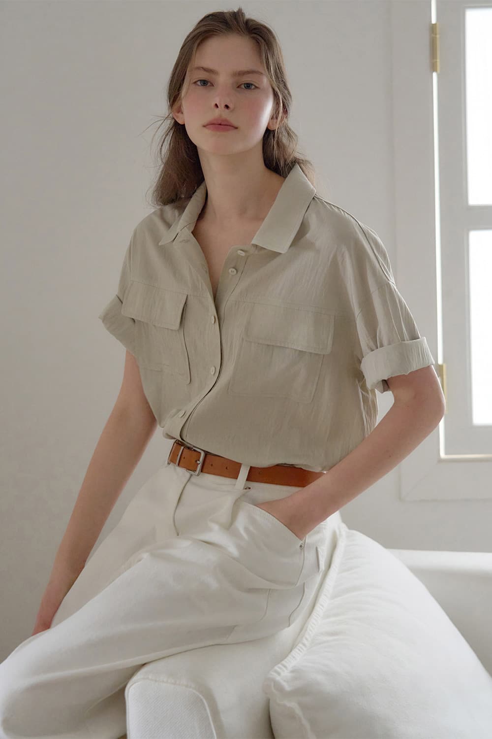 Viscose flow two-pocket shirt A/beige [N6PSBL06]