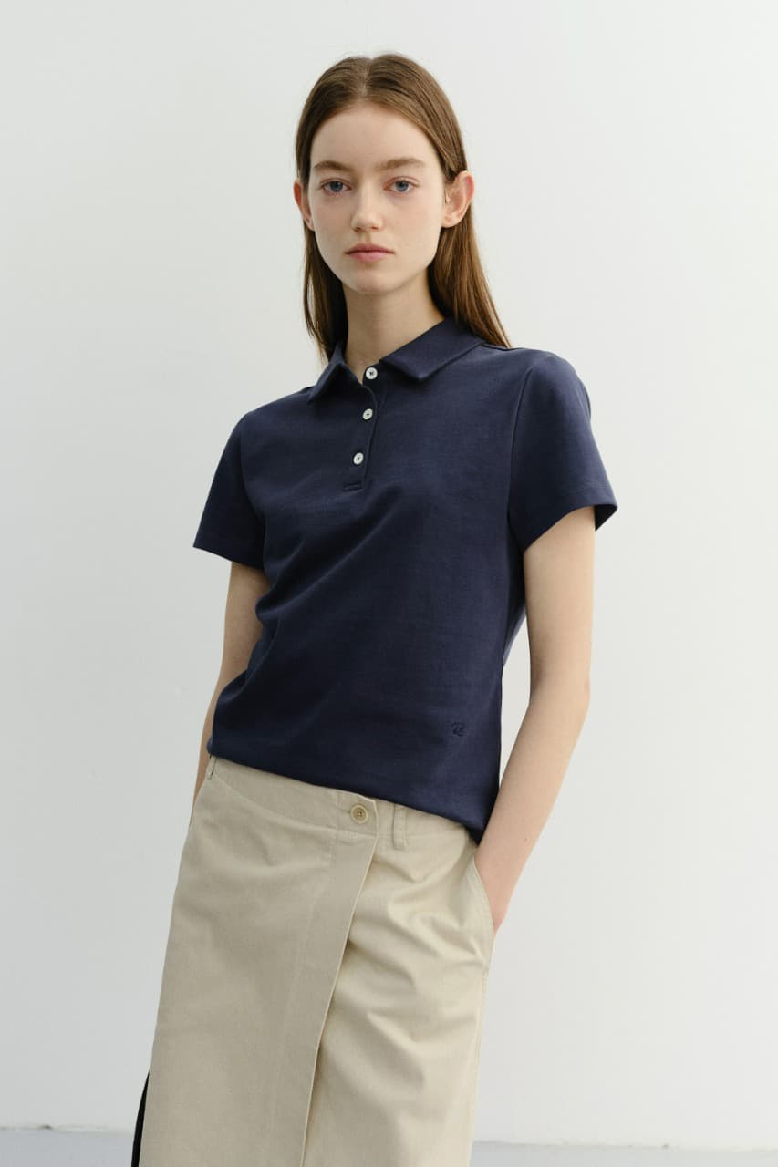 CROPPED SLIM COLLARED T-SHIRT NAVY_UDTS6B221N2