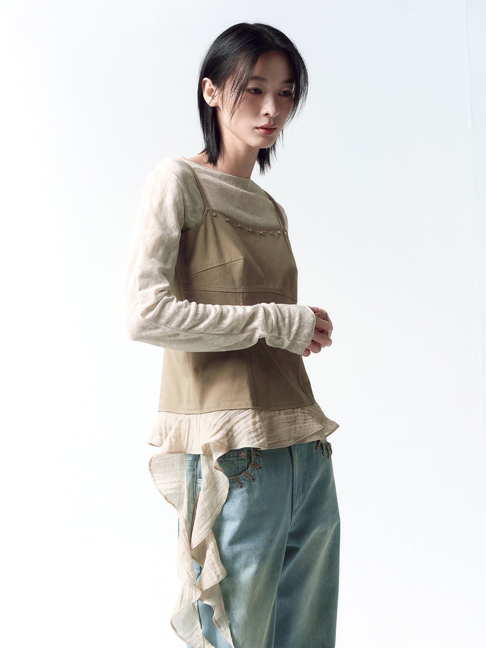 스터드 러플 뷔스티에 BROWN