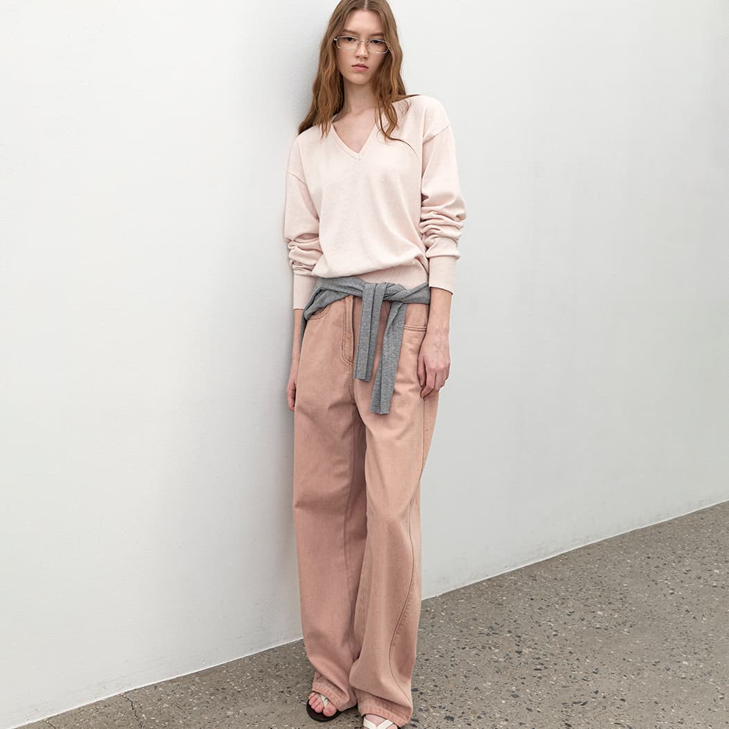 (T-7192)COTTON&WOOL OVERFIT V-NECK KNIT