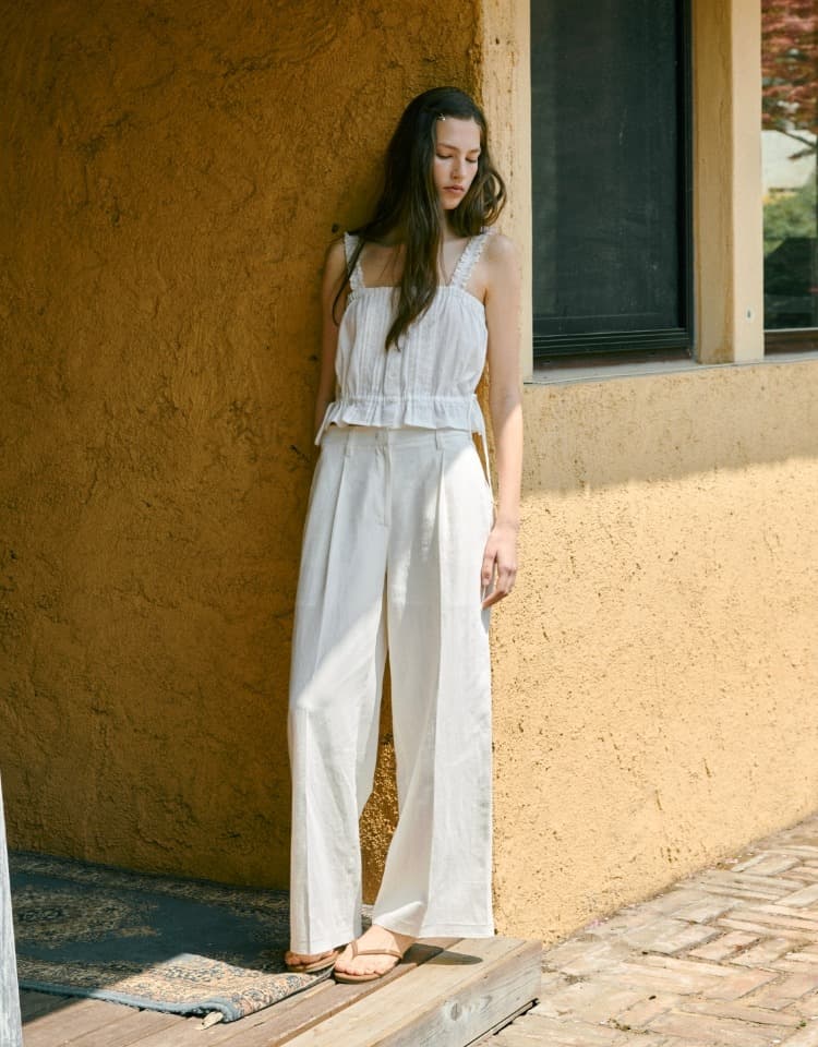 linen back banding pants - white