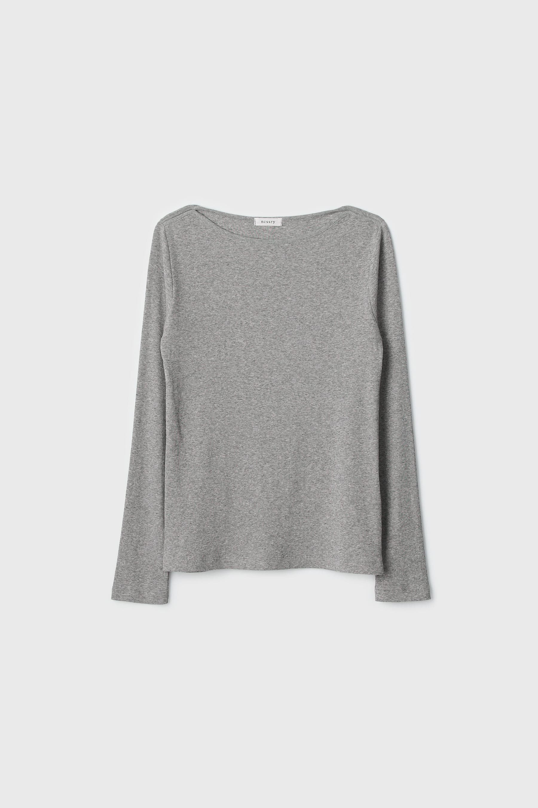 Slim Ribbed Boat Neck Top (Melange Grey)