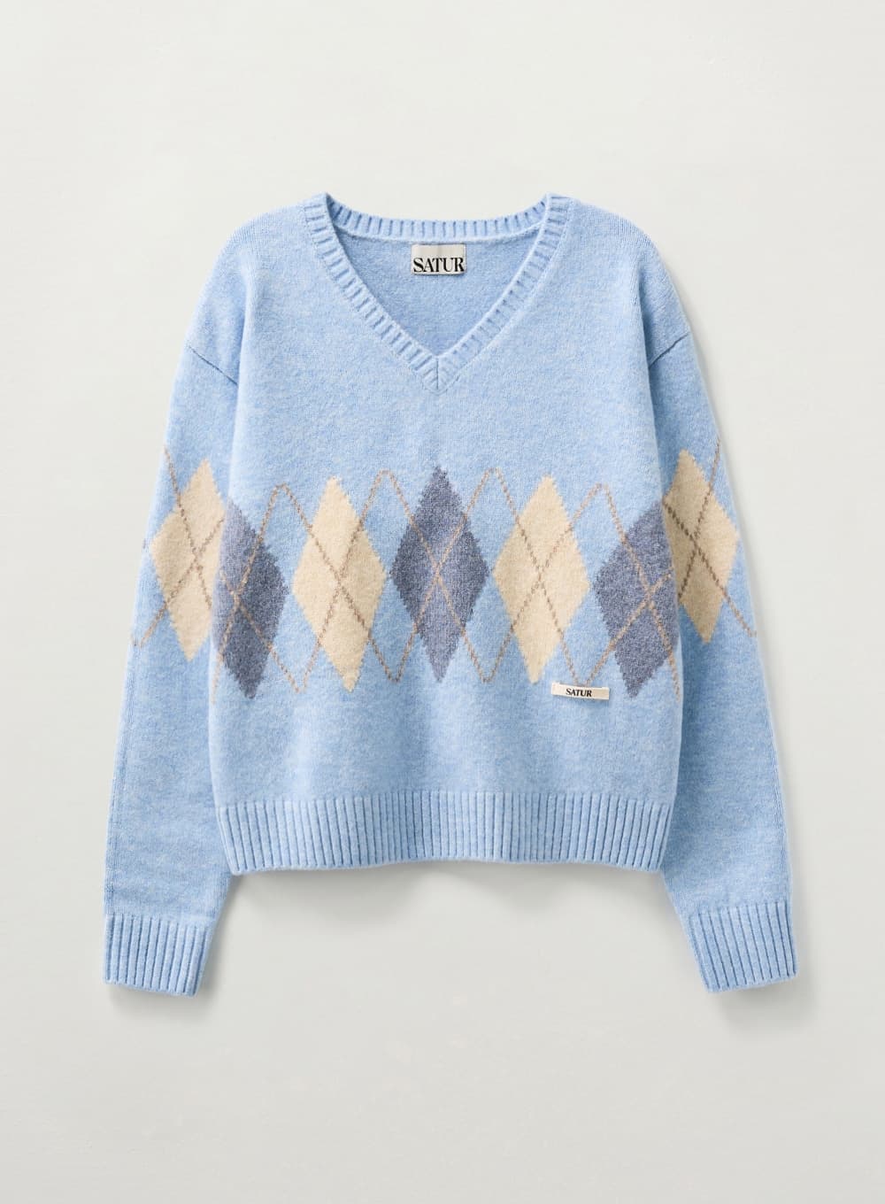 (W) Argyle V-Neck Pullover Knit - Sky Blue