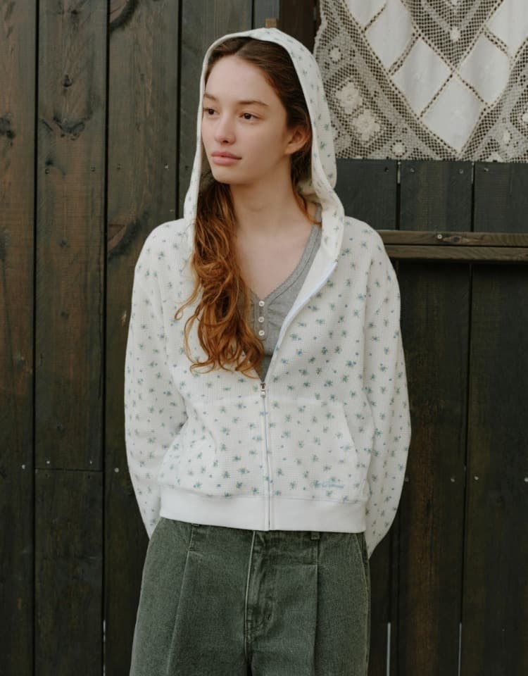 flower pattern hood zip up - ivory
