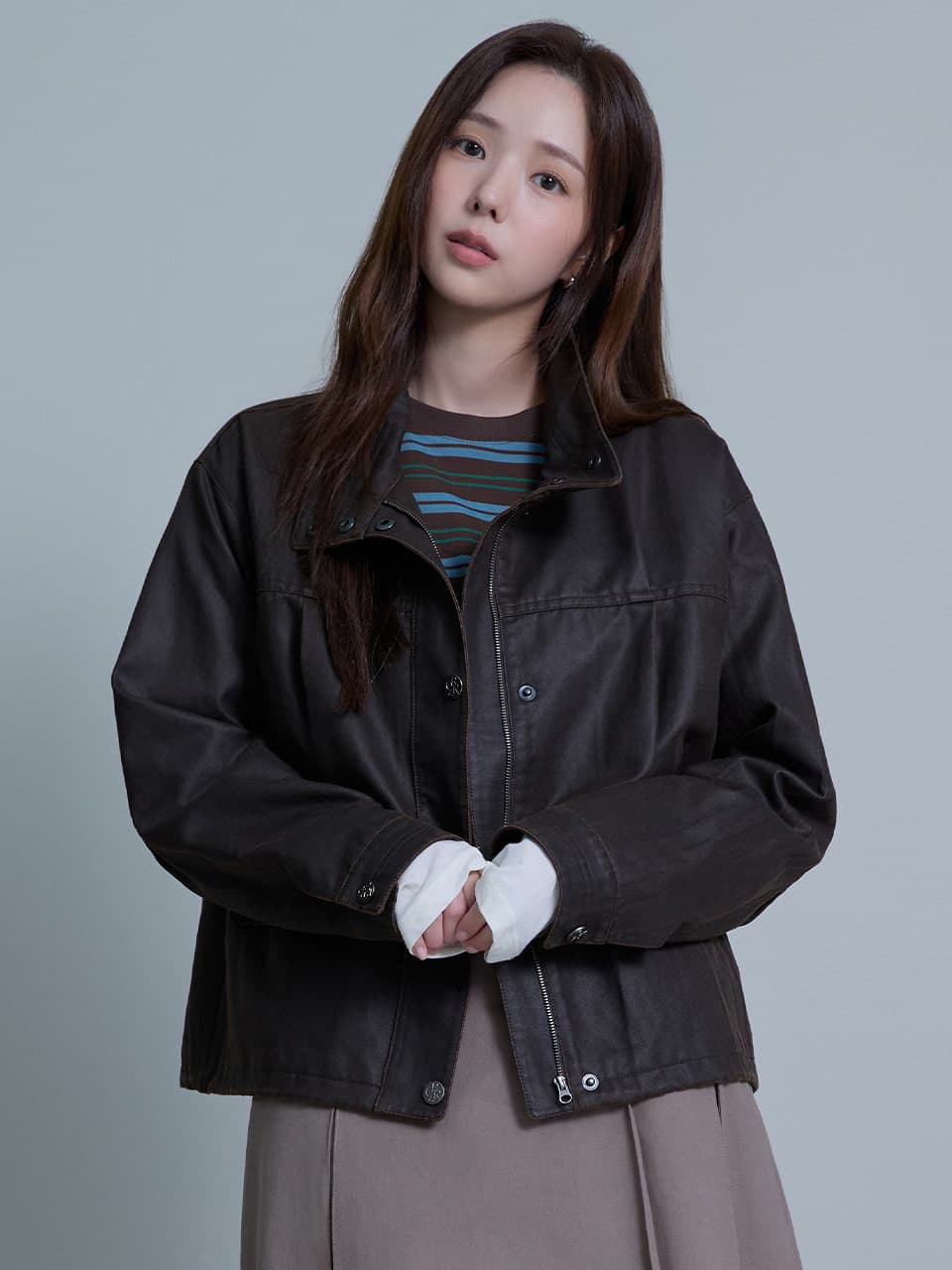 하이넥 포켓 블루종_BROWN