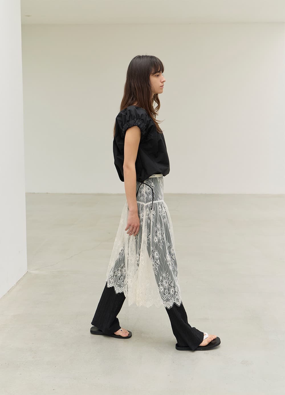 Layered Shirring Lace Skirt - Cream Butter