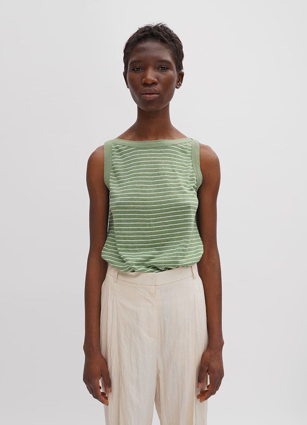Linen Stripe Sleeveless Top - Olive