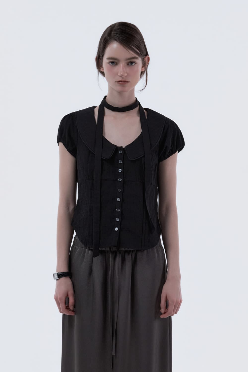 Rosie Lace Trimmed Tie Blouse - Black