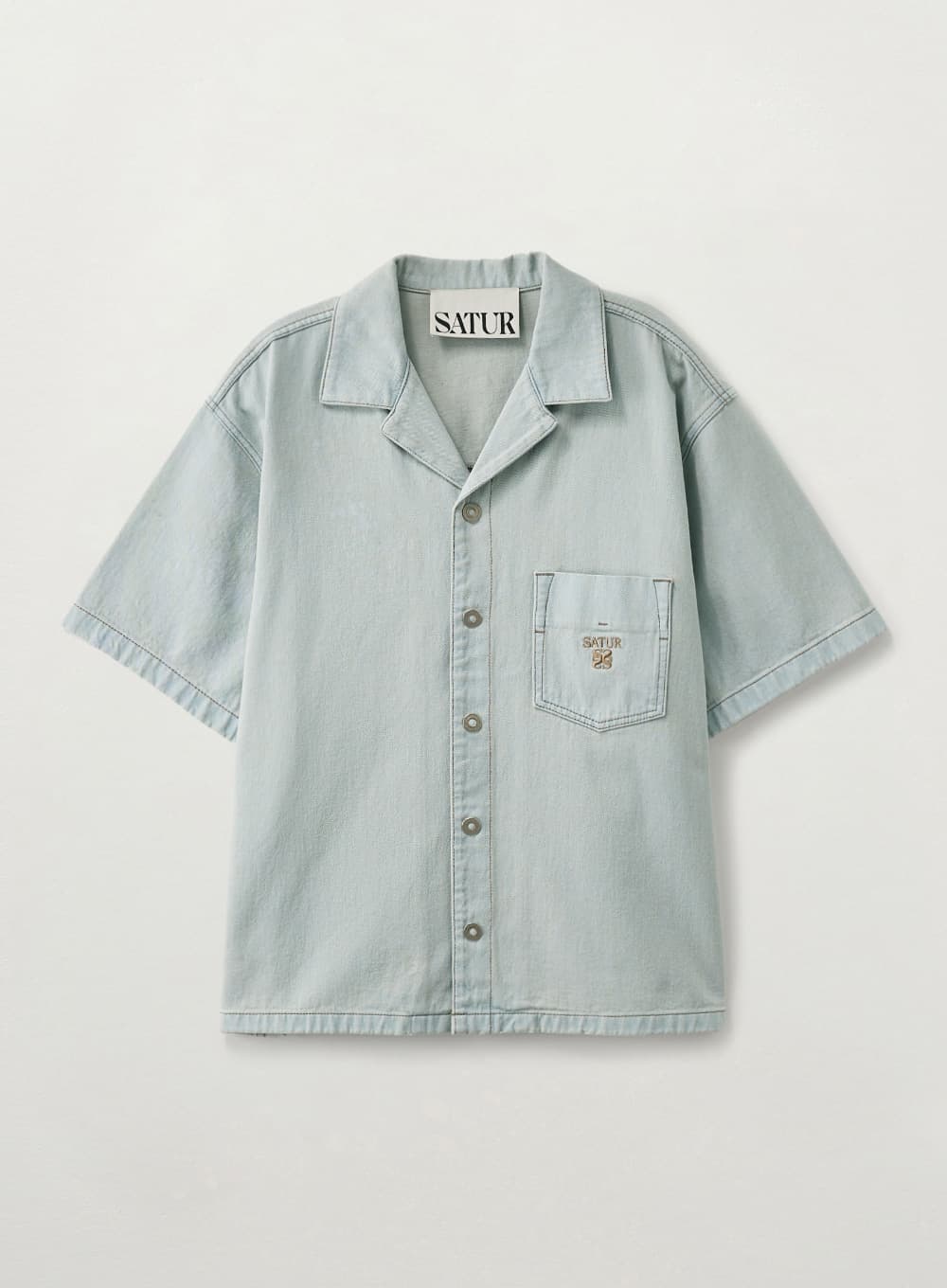 Open Collar Half Denim Shirt - Light Blue