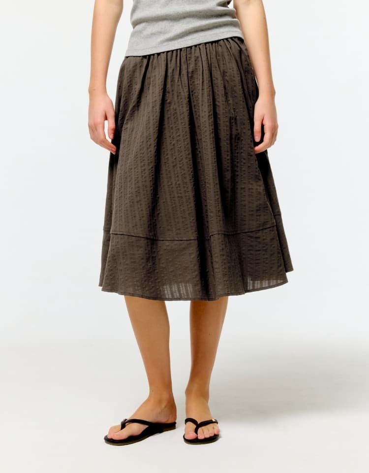 shirring flare midi skirt - brown
