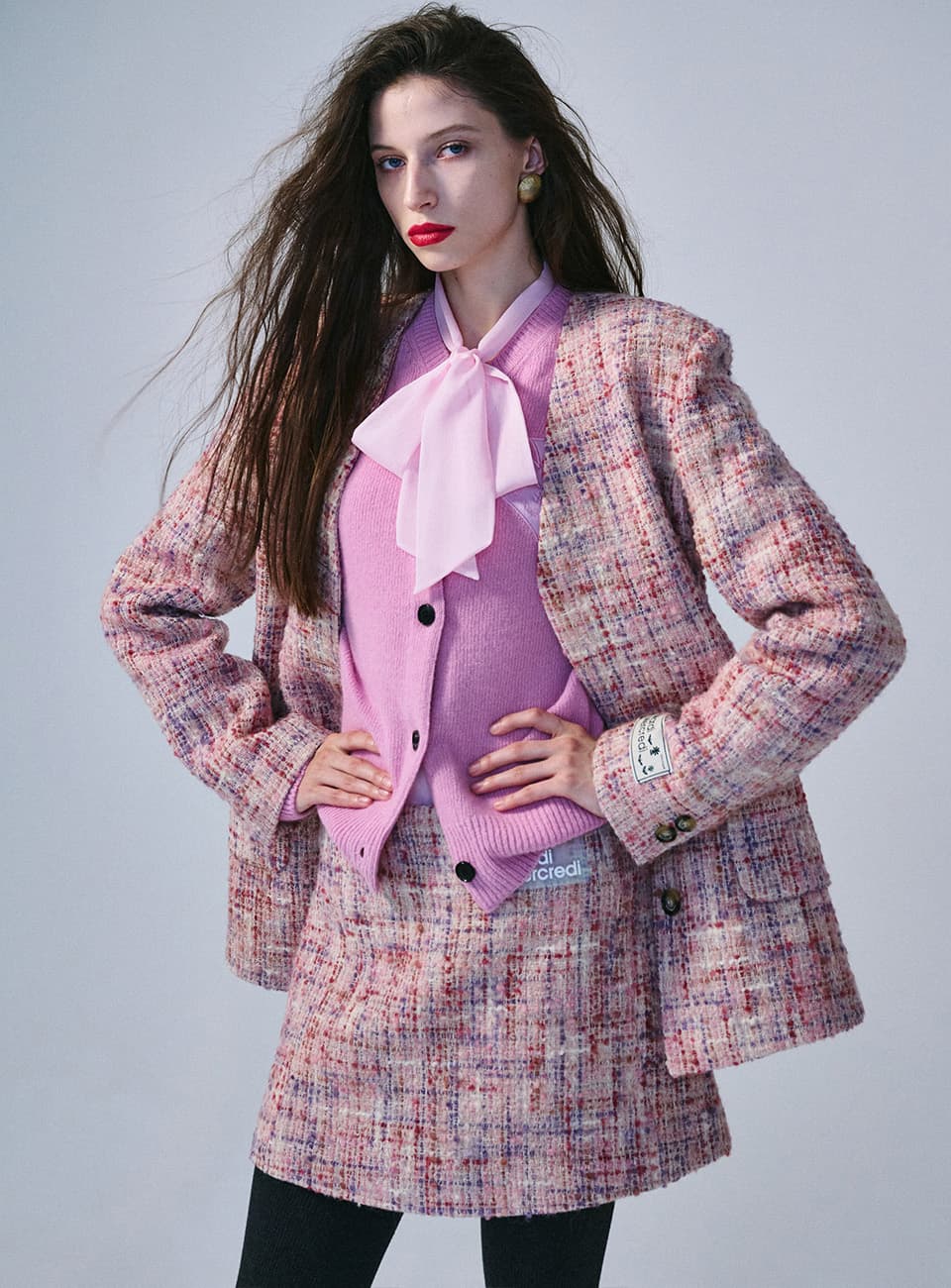 WOOL JACKET COLLARLESS CHECK_PINK