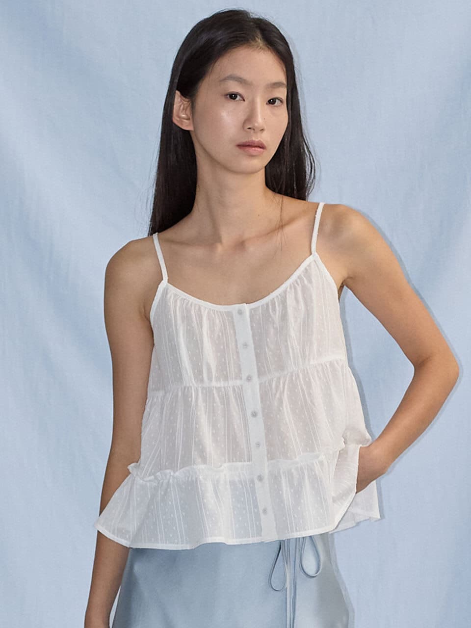 티어드 셔링 슬리브리스 탑_WHITE